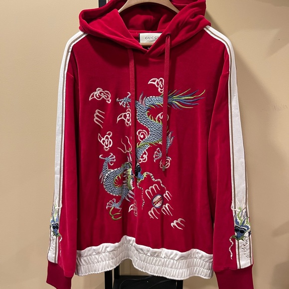Gucci X Alessandro Michele Embroidered Dragon Red Applique Hoodie - Picture 1 of 16
